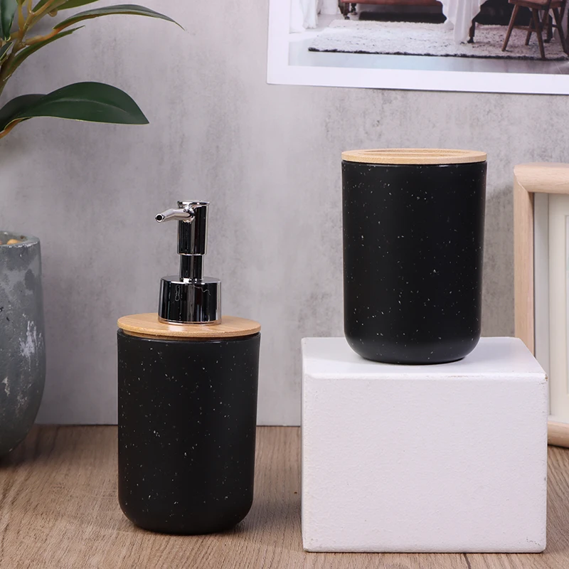 1Pc Black Bathroom Accessories Plastic Toothbrush Holder With Bamboo Cover Toothbrush Cup Lotion Dispenser Soap Box