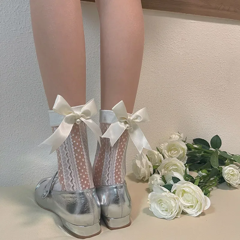 

Women Socks Spring Summer White Ballet Style Bow Studded Pearls Cute Kawaii Harajuku Sweet Lolita Female Short Thin Stockings