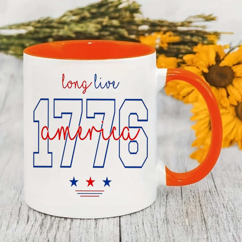 1776 Long Live America Colorful Print Ceramic Coffee Mug, 11oz 350ml Personalized Custom Mug, Microwave Safe Cute Aesthetic Mug,