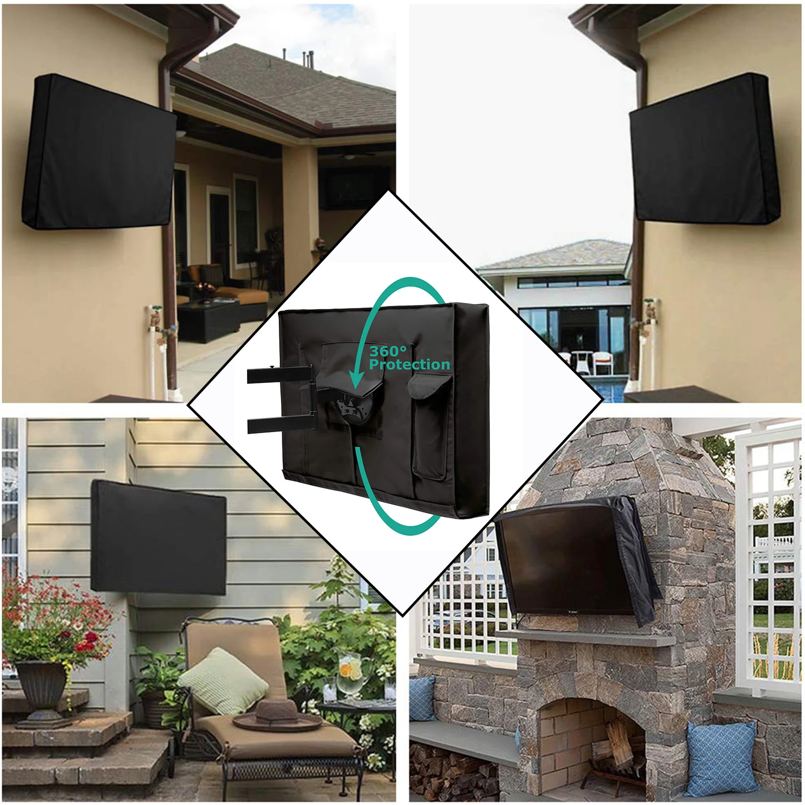 Outdoor TV Cover 600D Waterproof Weatherproof Outside Flat TV Screen 360° Protectors with Pocket Television Case Dust Covers