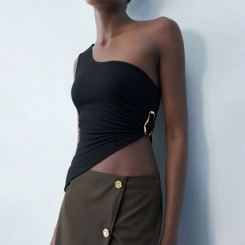 Women Solid Color Off Shoulder Vest Top Slim Fit Short Crop Top