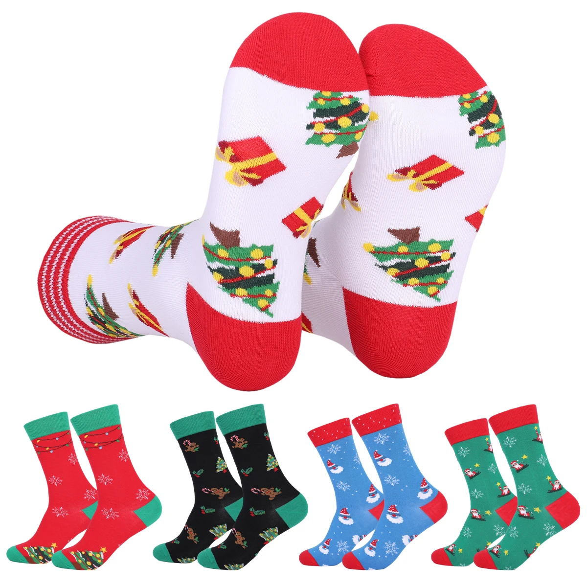 4 Pairs Funny Merry Christmas Socks For Men & Women Colorful Novelty Cute Soft Breathable Middle Tube Cotton Socks