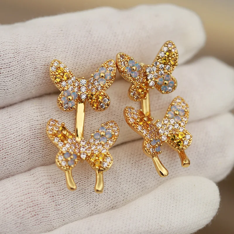 New Sight Design Multicolor Crystal Butterfly Stud Earrings for Women Fashion Brand Jewelry Delicate Zirconia Insect Earrings