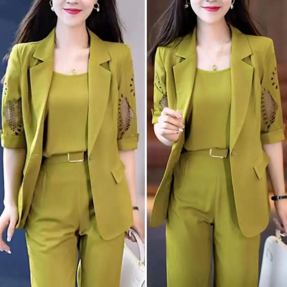 Plaid Splice Slim Fit Jacket Blazer Casual Wide Leg Pants Three Piece Elegant Women\'s Pants Vest Suit Summer Office Business Set