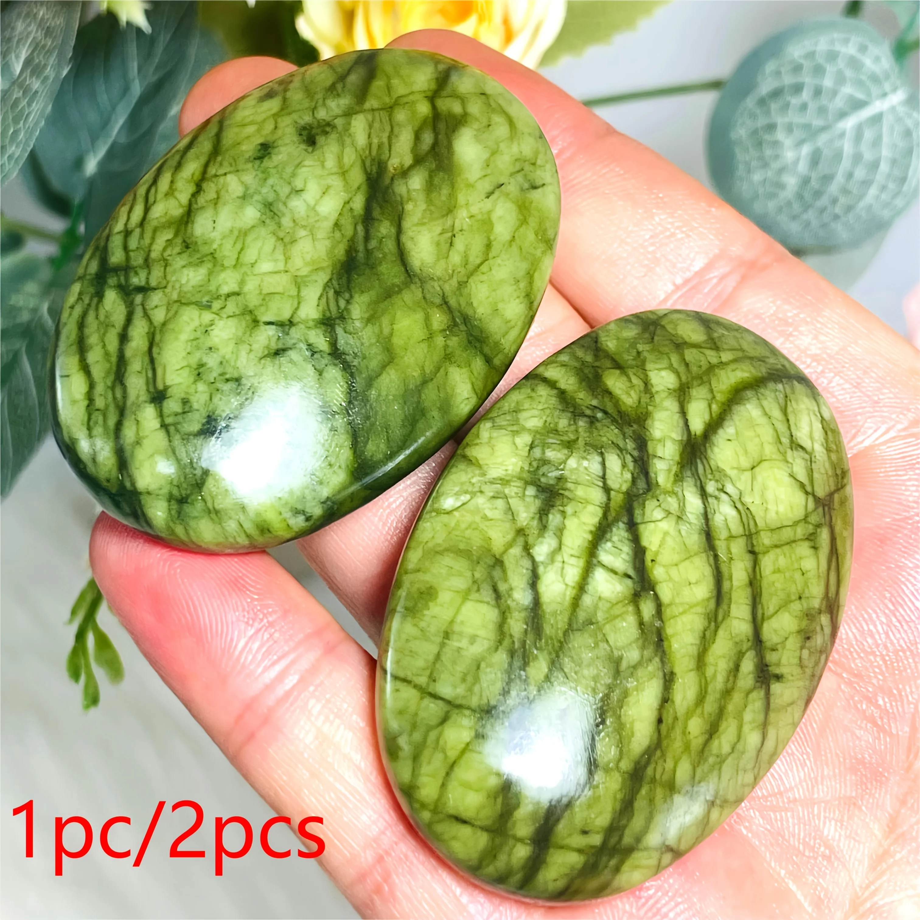 1pc/2pcs Serpentine Natural Stone Crystal Palm Stone, 1.96-2.36'' Green Jasper Oval-Shaped Crystals Home Decoration