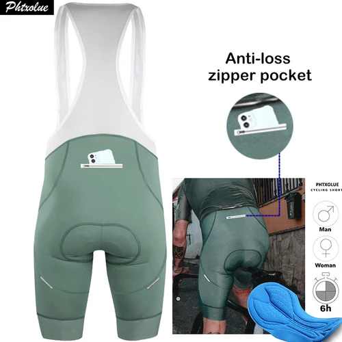 Phtxolue-pantalones cortos con pechera para ciclismo para hombre y mujer, pantalón corto antipérdida con bolsillo y cremallera, 6H, 500KM, para montaña, profesional, negro y verde