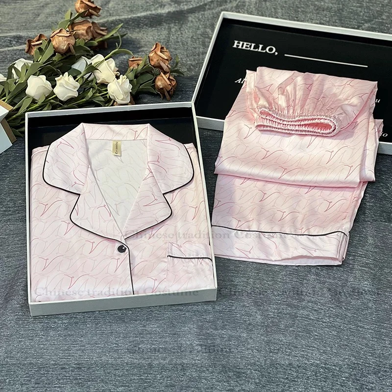 

Роскошный пижамный комплект, розовая одежда для сна, топ с длинными рукавами, брюки, рубашка из ледяного шелка, брюки, 2 шт., Pijama Mujer, осень-весна, новая одежда для дома