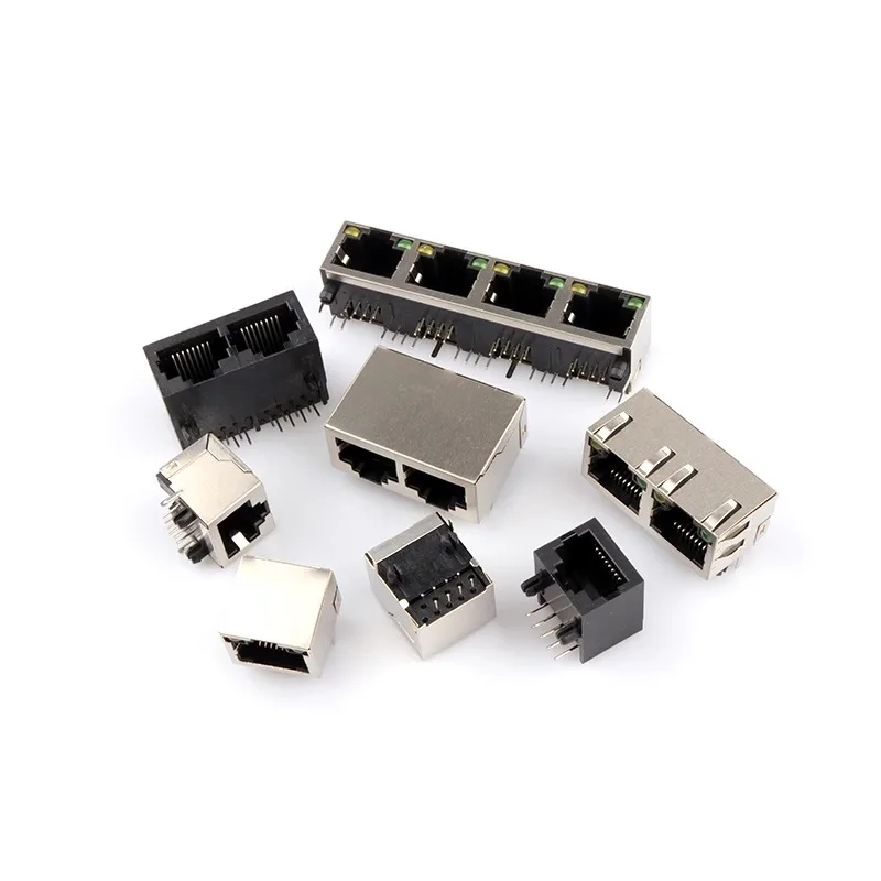 Conector RJ45 Newwork Interface, cabeça de cristal, blindagem luzes, PCB Ethernet, 90 graus, 8P8C