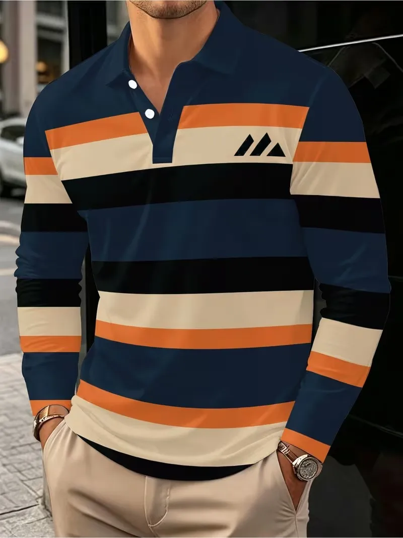 Autumn men's long sleeved fashionable POIO shirt, with a simple striped casual and comfortable men's top T-shirt with buttons on