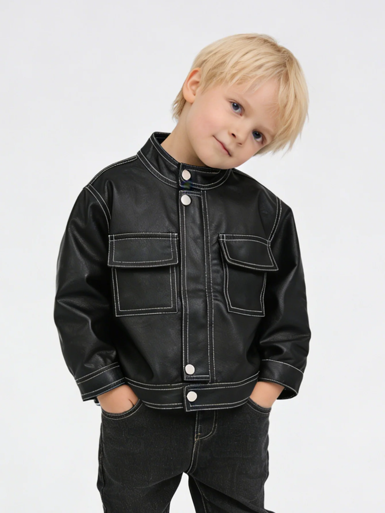 Boys Black Faux Leather Biker Jacket Kids Contrast Stitch Stand Collar Coat Children Pocket Detail Casual Outwear 2026 New