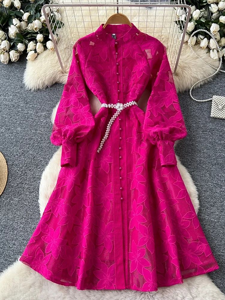 

Ele Heavy Embroidery Hollow out round Ne Single Button Lantern Sve Belted Waist Dr Vintage Court Sle Faionabl...