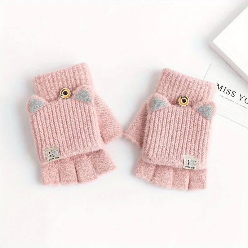 Women's cat ear convertible fingerless gloves, winter warm gloves, elastic fit design, fashionable and warm cat ear gloves