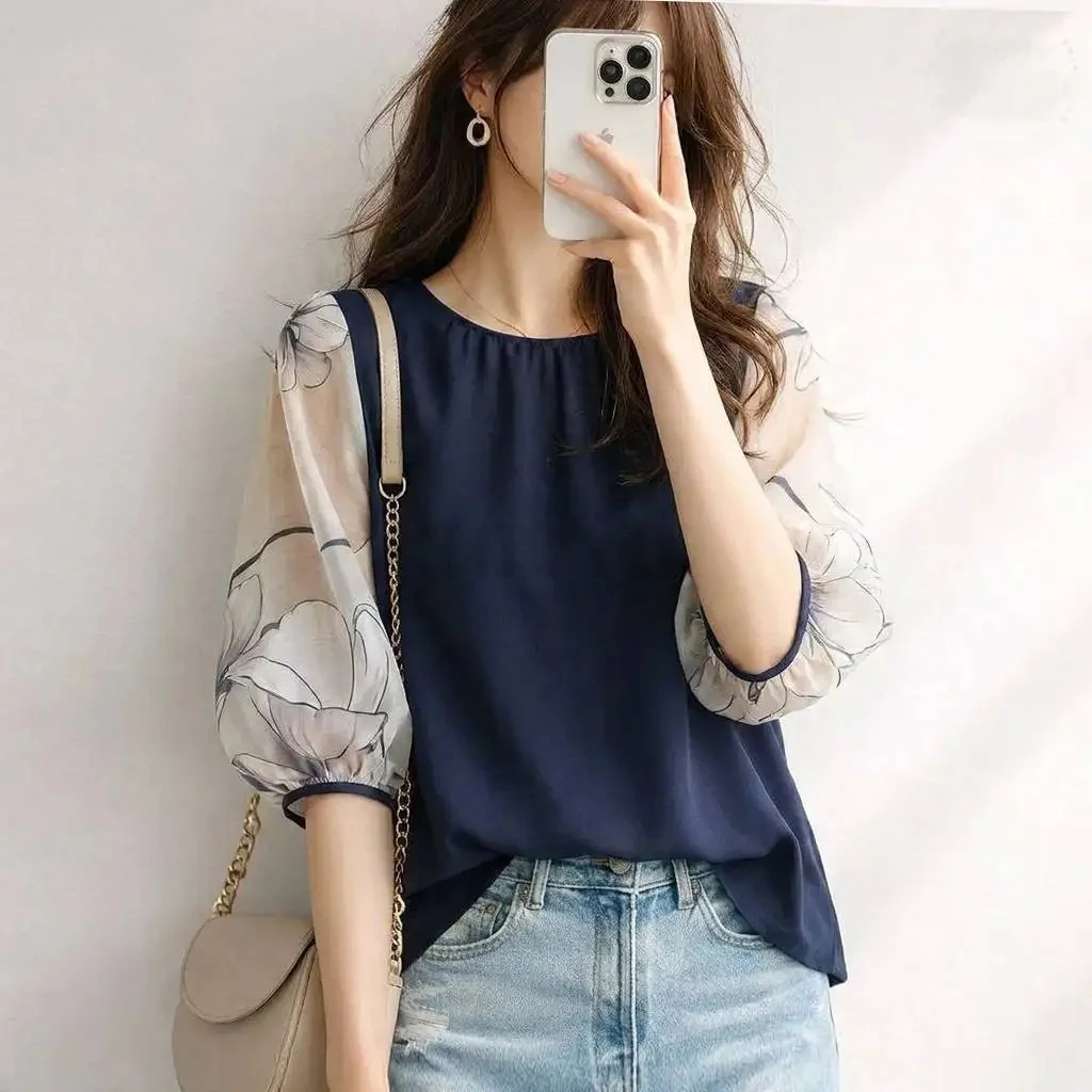Summer 2026 Japanese Style round Neck Splice Print Semi-Transparent Five Sleeve Ladies Shirt Top Loose Fit Bell Sleeve Cool S...