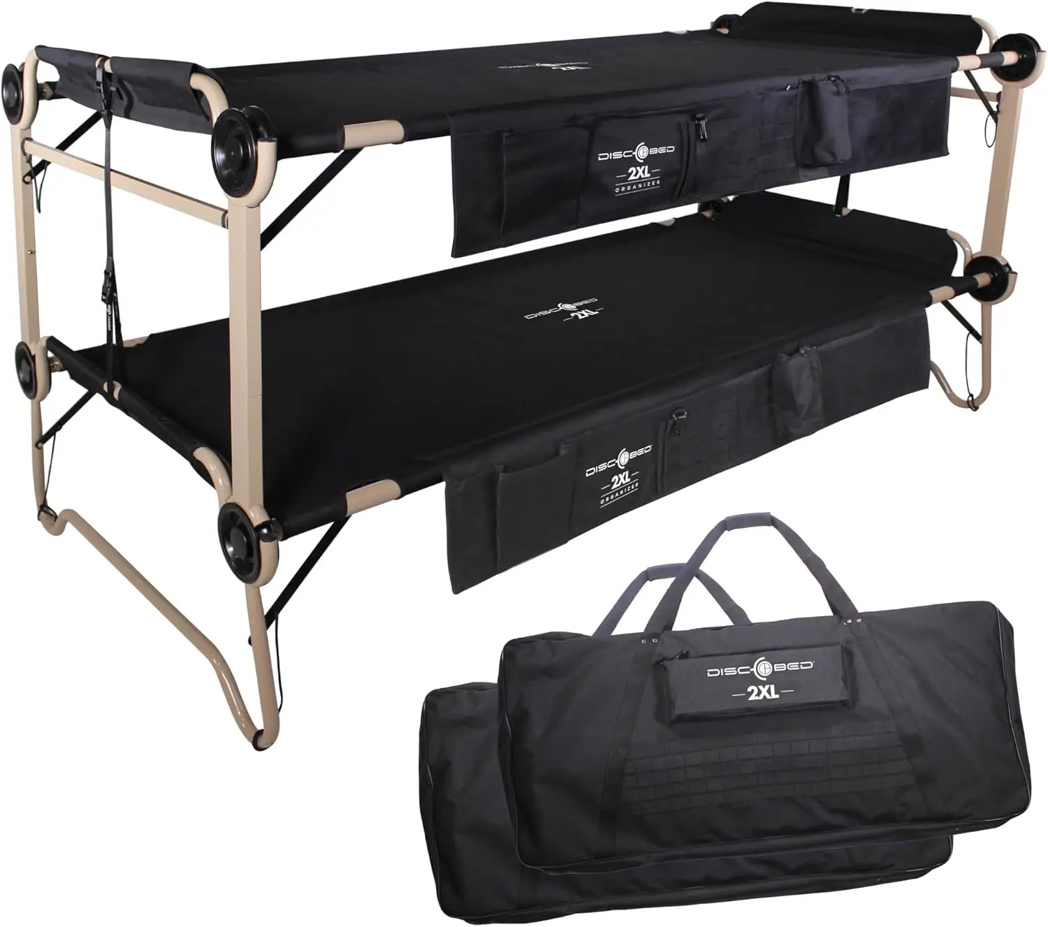 

2XL Cam-O-Bunk Outdoor Convertible 2 Person Bench/Double Camping Cot Portable Bed for Adults with 2 Side Organizers, Black