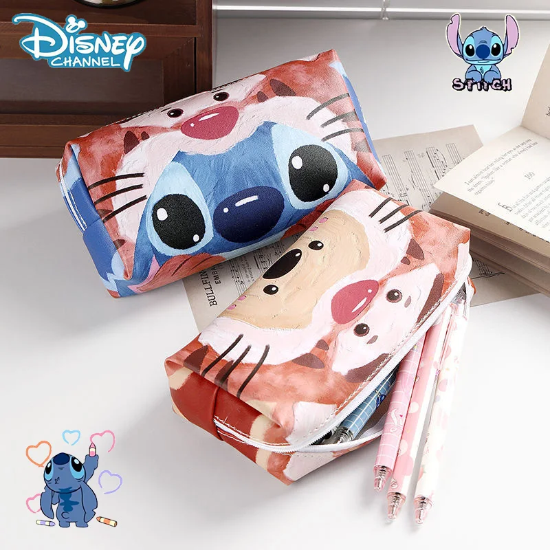 

Disney Anime Stitch Pen Bag Large Capacity Convenient Storage Pencil Case Leather Zipper Durable Pencil Bag Kids Stationery Gift