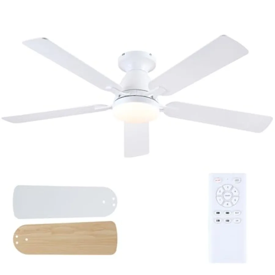 Ceiling Fans with Lights and Remote, 52 Inch White Ceiling Fan with Light, Flush Mount, Low Noise, Reversible, Dimmable, Low Pr