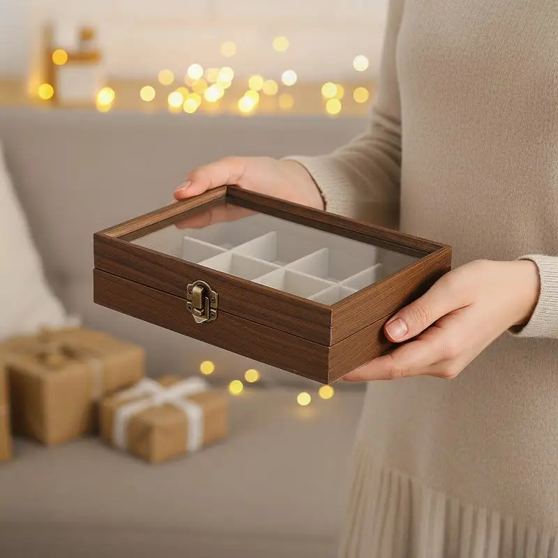 Vintage Wood Jewelry Storage Box Velvet Interior Glass Lid Dust Proof Organizer Case Ring Earring Desktop Jewelry Display