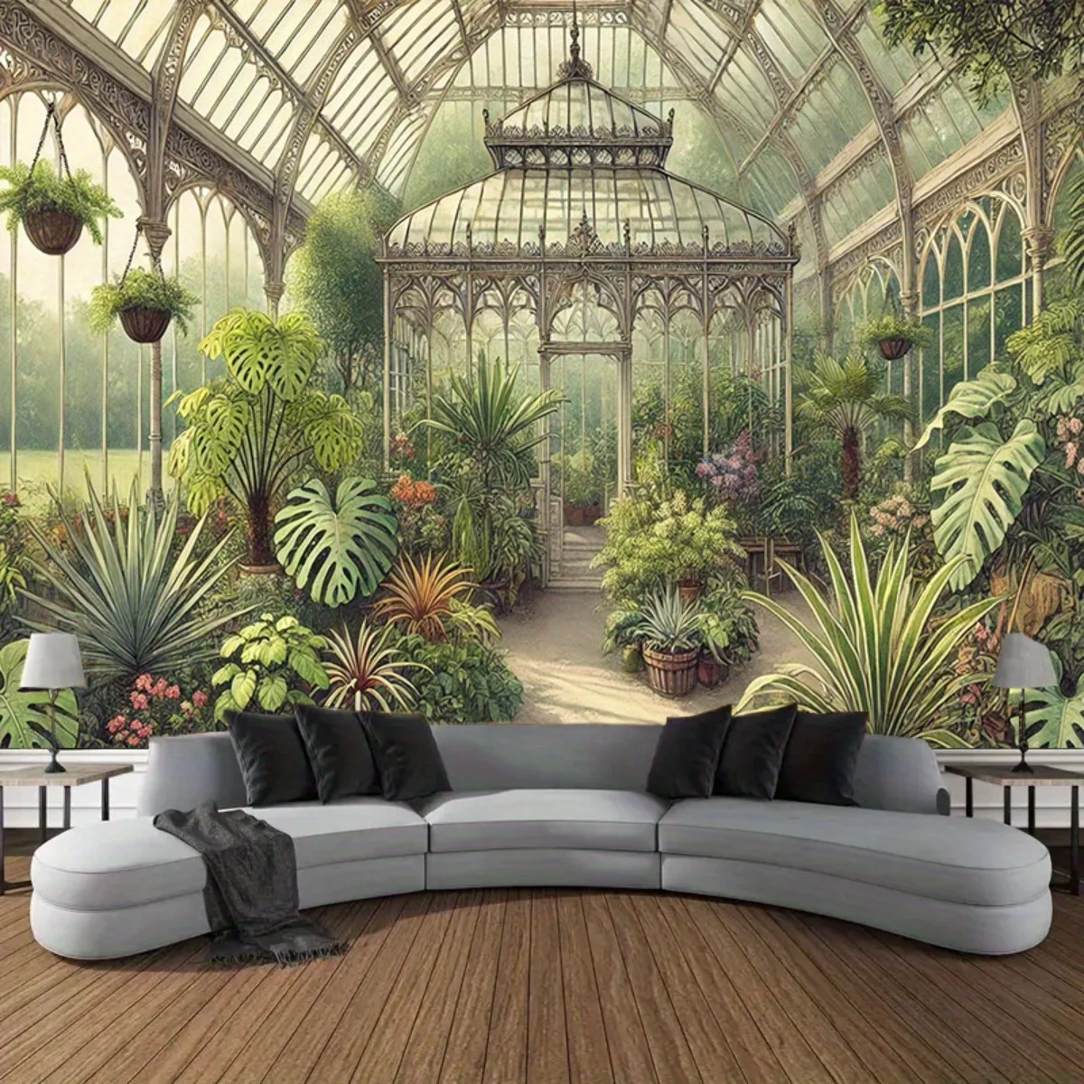 Vintage Greenhouse Garden Botanical Tapestry Lush Plants Glass House Wall Hanging Nature Lover Decor Living Room Sofa Backdrop