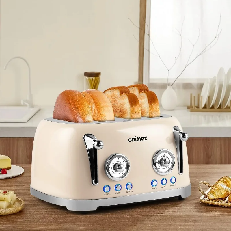 Retro Toaster 4 Slice with Wide Slots for Bagels, Stainless Steel Toaster with 6 Toast Settings, Dual Independent Control Panels