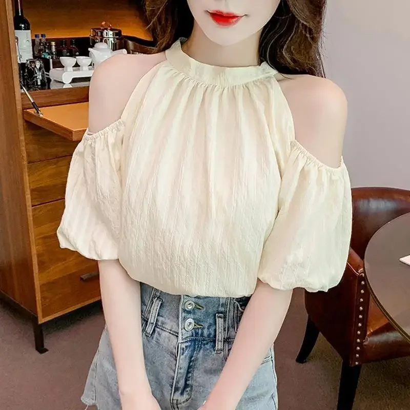 

Summer Solid Color Pullover Round Neck Bow Bandage Beaded Puff Short Sleeve T-shirt Korean Fashion Sweet Women's Clothing Tops