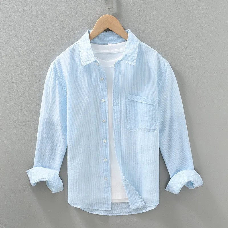 

2097 Color Woven Linen Men's Casual Long Sve irt Spring Summer Youth Cotton Linen Striped Loose Fit Faion Urban Sle