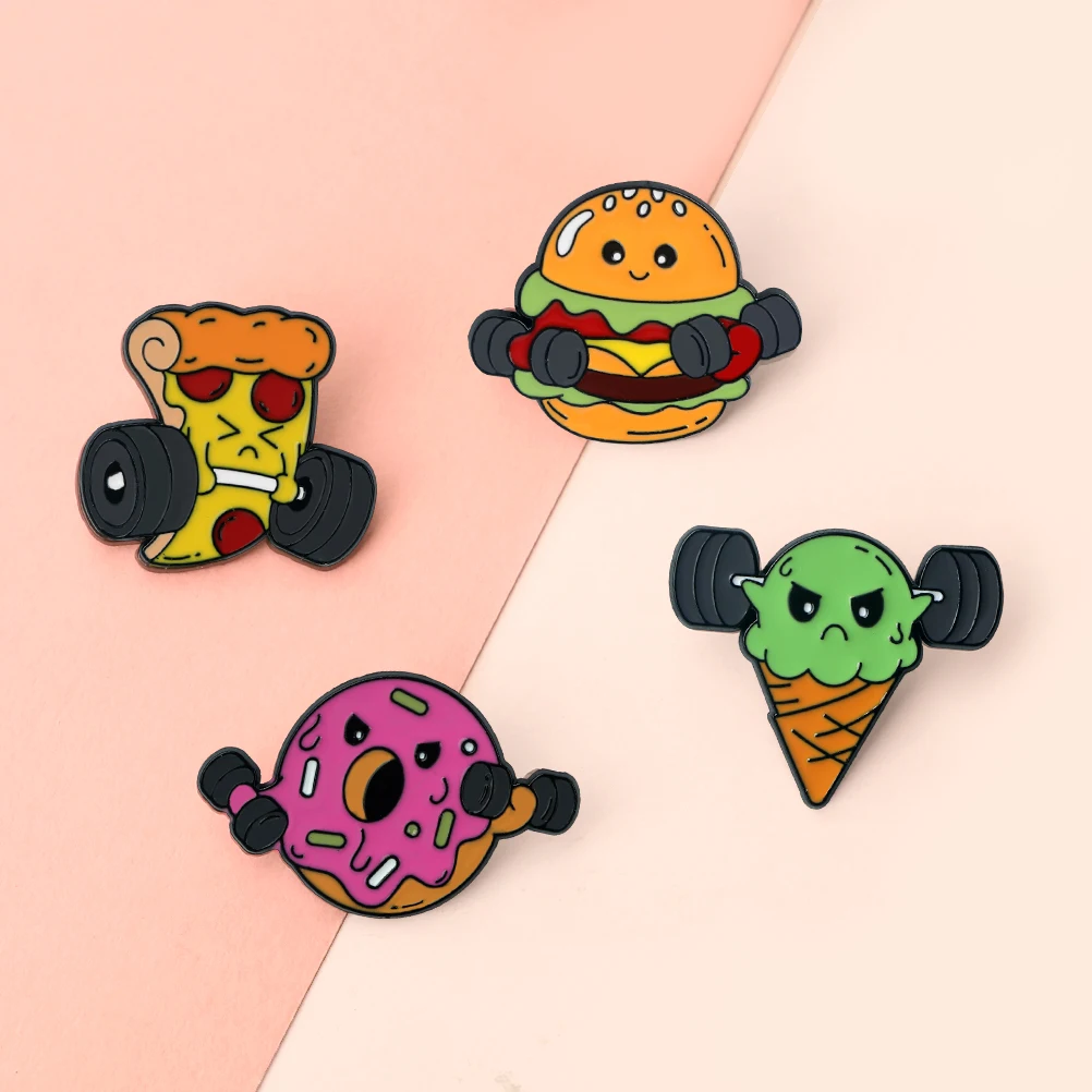 Food & Dumbbell Brooch for Fitness Lover Cartoon Hamburger Pizza Donuts Ice Cream Exercise Enamel Pin Creative Denim Lapel Badge