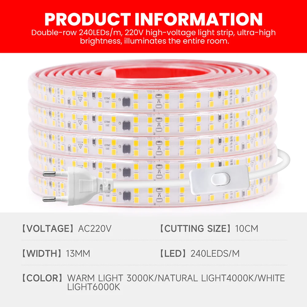 AC 220V 2835 Taśma LED Przełącznik światła Zestaw zasilania Wodoodporna 240 diod LED Elastyczna taśma z IC Oświetlenie domu 0,5 m 1 m 2 m 5 m 10 m