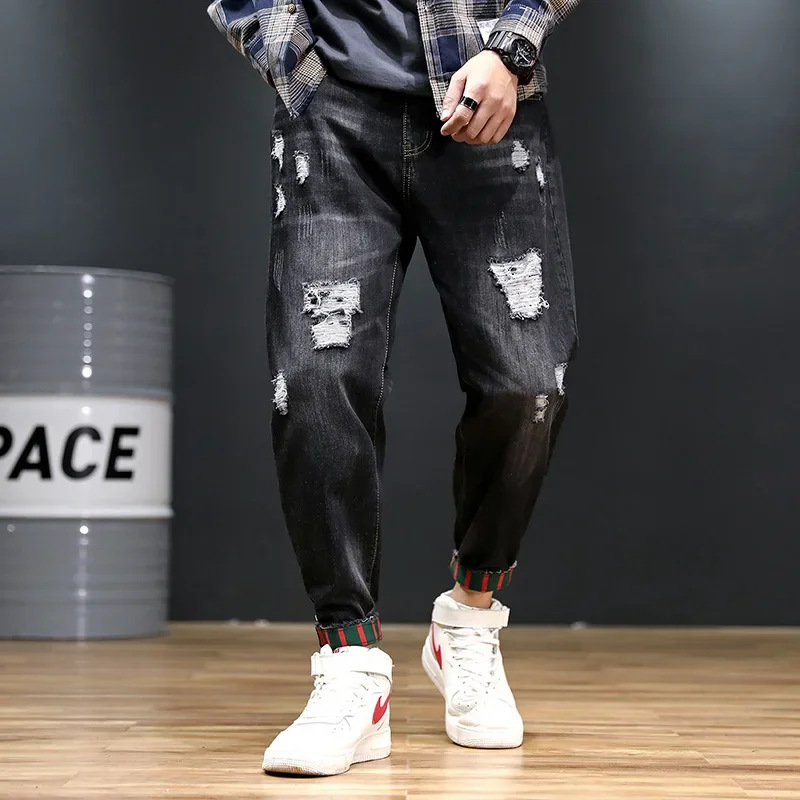 New Oversized Harem Pants Men's American Style Distressed Loose Washed Jeans Y2k Summer Fashion Japanese Streetwear