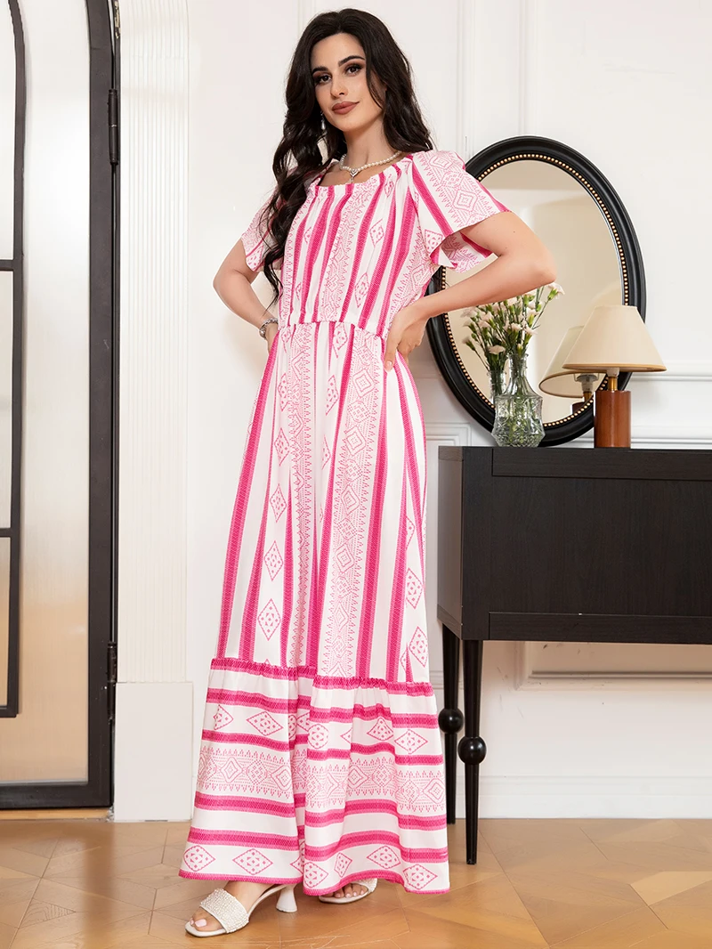 Style de vacances col rond géométrie abstraite manches Raglan robes longues robes roses