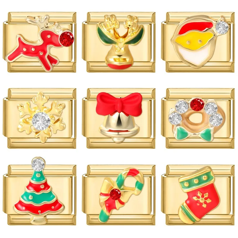 Christmas Series Snowflake Sock Santa Claus Gold Color Italian Charm Links Fit 9MM Stainless Steel Bracelet Women DIY Making