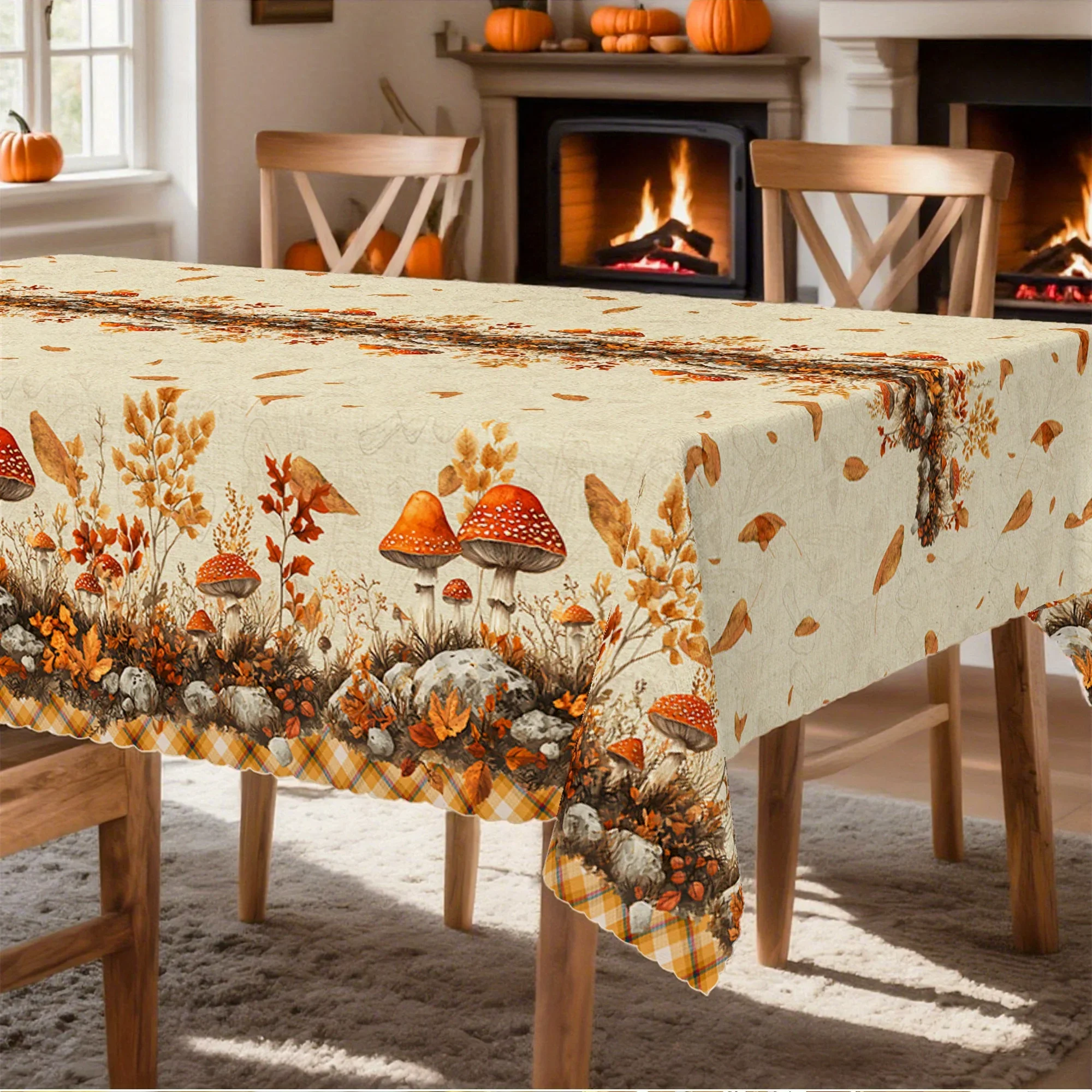 Autumn, rural tablecloth, rice, yellow decorations, mushroom and pumpkin patterns, retro, suitable for various scenariosxzj