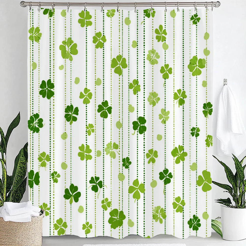 

Green Four-leaf Clover Shower Curtain for Bathroom Spring Plants Nature Scenery Home Decorative Curtain with Hooks