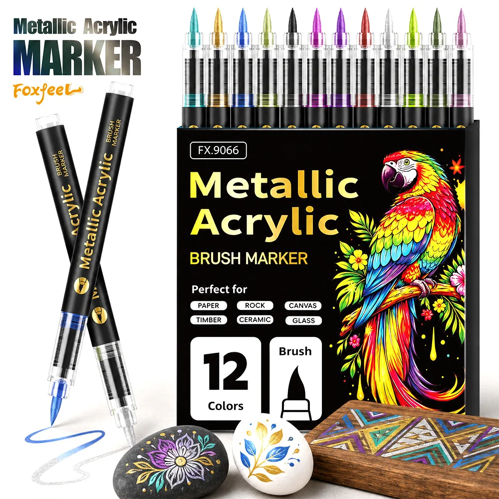 12/24/36/48 Colors Metallic Acrylic Brush Marker Set Water Based Paint Pens Rock Glass Ceramic Wood DIY Craft Painting Supplies