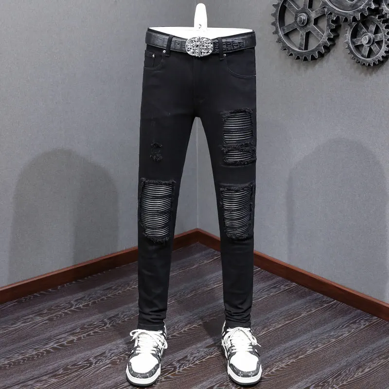 Designer Fashion New Men's Jeans Perforated Patch Washed Nostalgic Stretch Slim Fit Retro Black Jeans High Street Hip Hop Brand