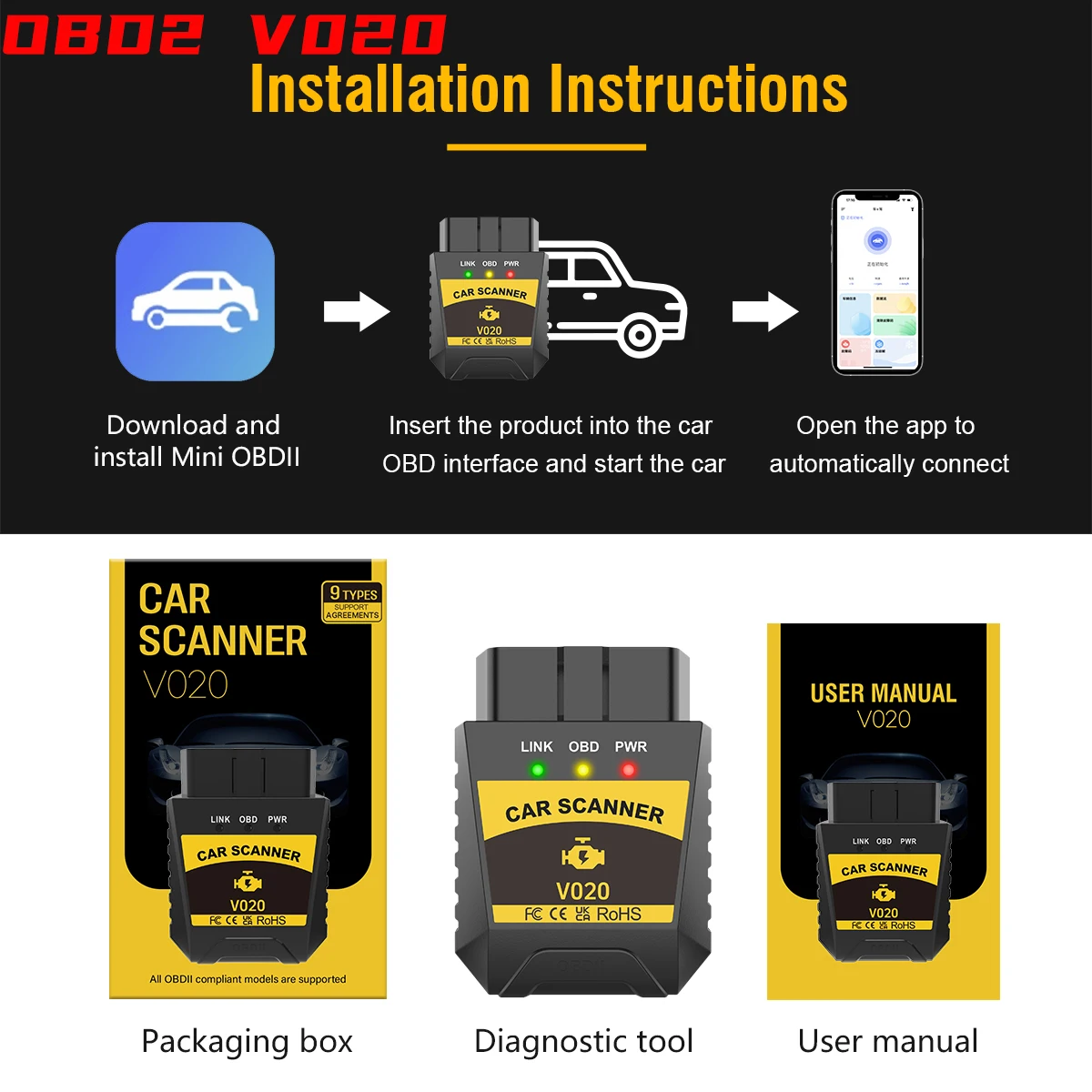 

New V020 Intelligent OBD2 Scanner Multi Voice Code Reader Automotive Diagnostic Tool Engine Fault Detector Bluetooth 2.0/4.0