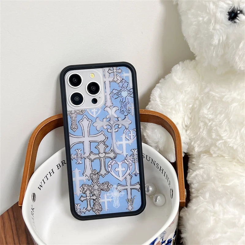 حافظة لهاتف آيفون 16 15 14 13 12 Pro Max WF منقوشة باللون الأزرق على شكل عظام متقاطعة على شكل جمجمة خلفية Funda