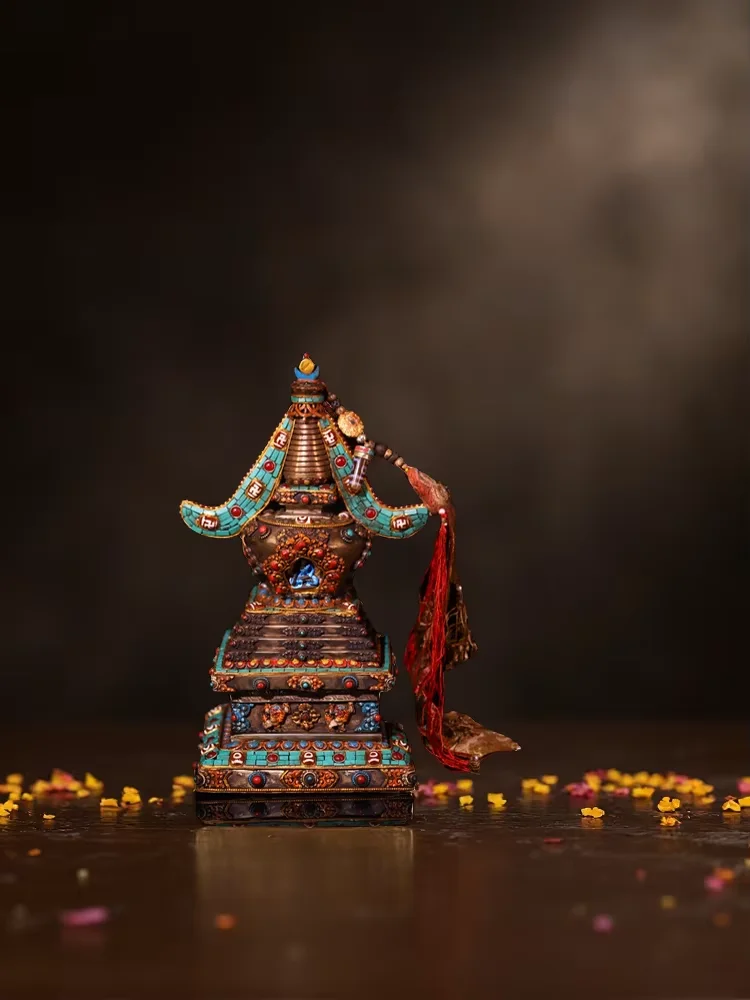 Old Lima Copper Bronze Painted Mosaic Gem gZi Beads Turquoise Lion pattern Shakyamuni Buddha Pagoda Amitabha Buddha Worship Hall