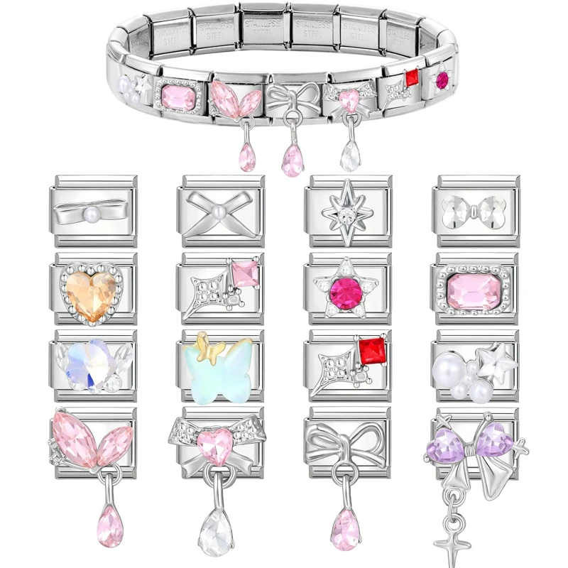 رومانسية سحر سوار نجوم الوردي الأرجواني القوس فراشة سحر الروابط الإيطالية صالح 9mm سوار الفولاذ المقاوم للصدأ صنع DIY المجوهرات