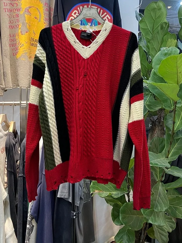 

Мужской свободный вязаный свитер V-Ne, цветной узор с отверстиями, повседневный хлопковый длинный трикотаж для молодежи