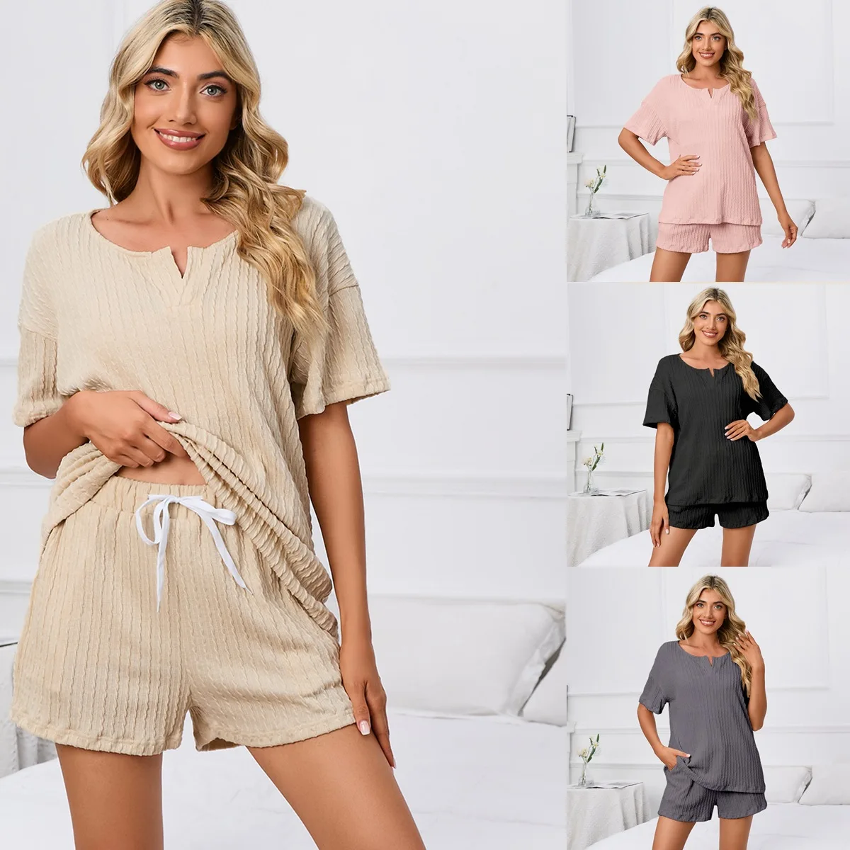 

Women's Casual Comfortable Loose Fit V-Ne ort Sve Two-Piece Set Home Clothes Spwear Soft Fabric All Seasons