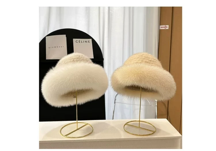 Russischer Stil Echter Nerzfell-Bucket-Hut für Damen Eleganter Natürlicher Fuchsfellbesatz Gestrickte Mütze Warme Wintermode Cloche-Kappe – Detail 1