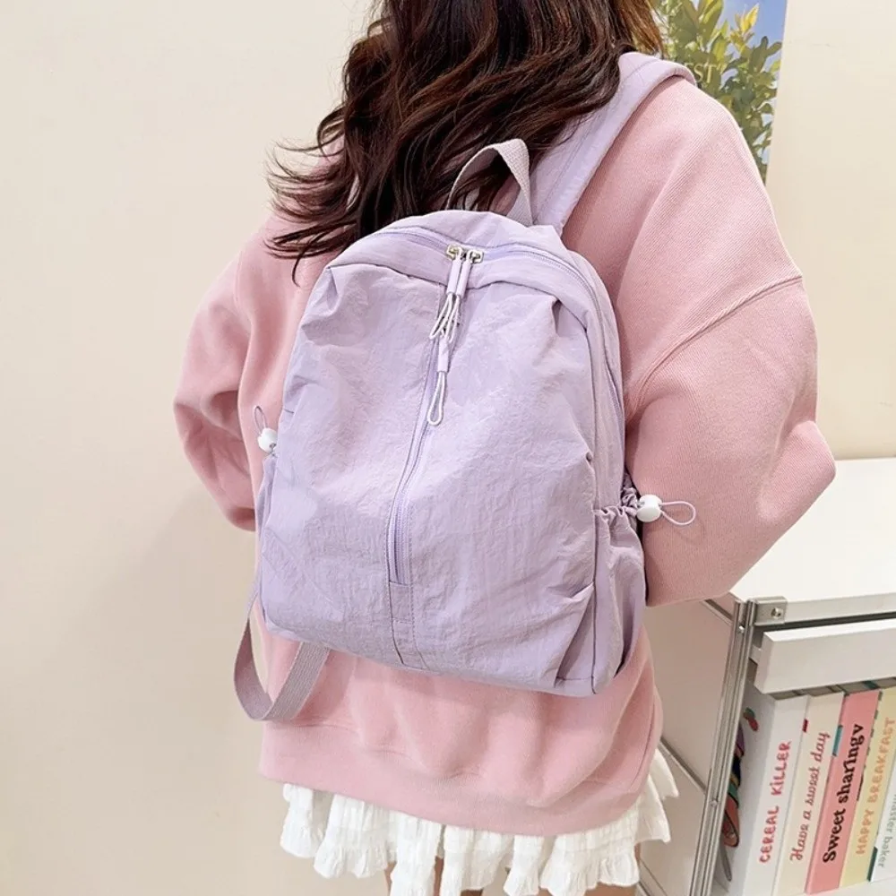 Sweet Pleated Nylon Backpack Solid Color Lightweight Rucksack Large Capacity Durable Student School Bag Women