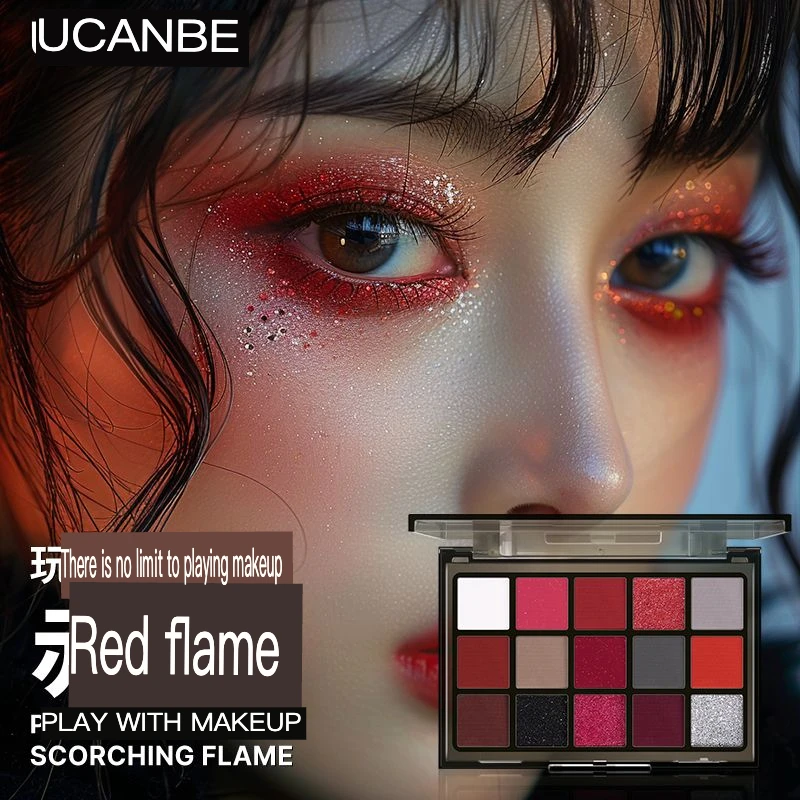 Ucanbe 15-color Eyeshadow Palette, Advanced Red Flame Makeup, Red Makeup, Dance Party, Smoky Special Effects Makeup, Halloween