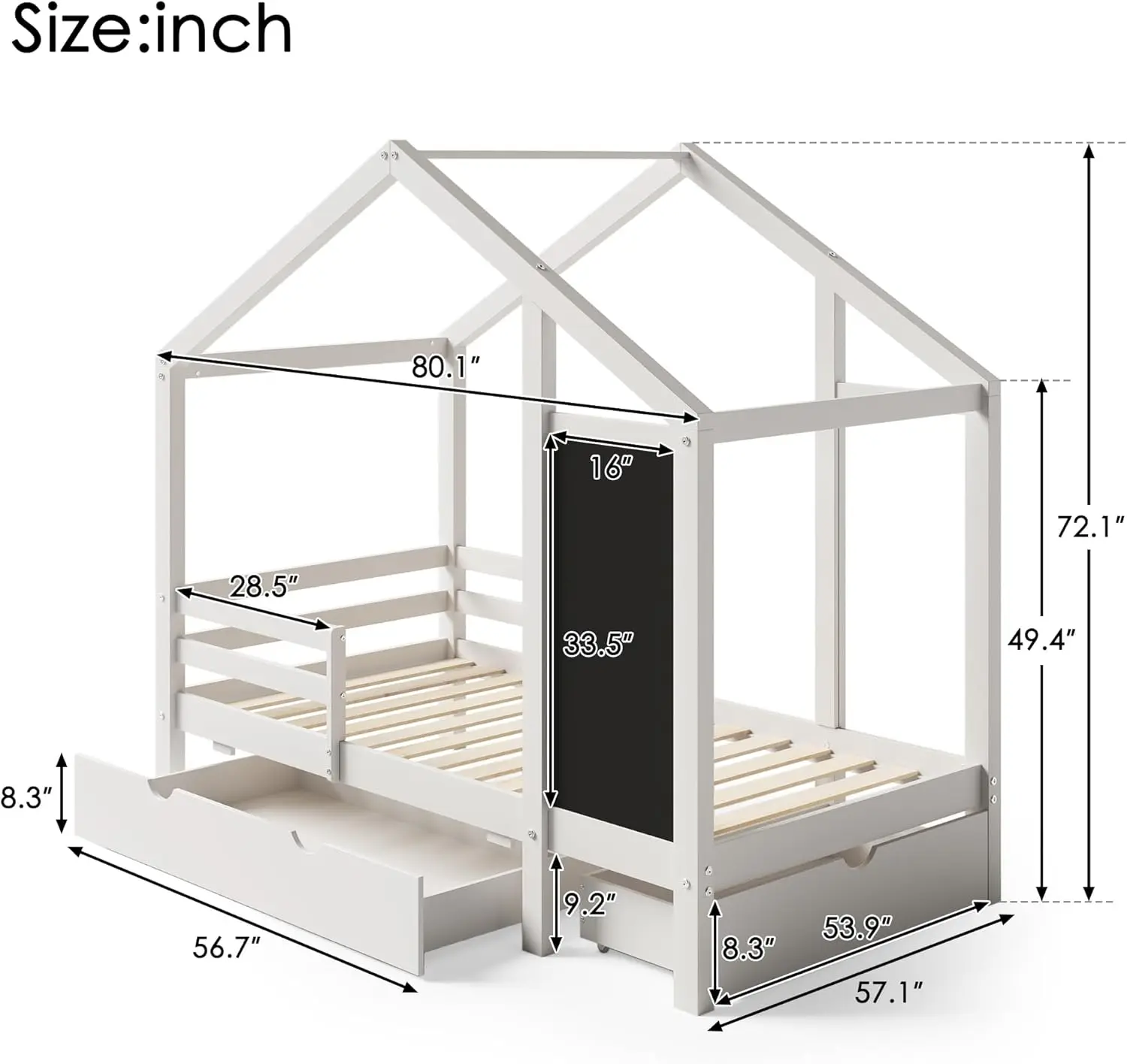 Full Size Wooden House Bed With Blackboard And 2 Storage Drawers, Wooden Kids Bed Frame With Roof And Fence Rails For Girls