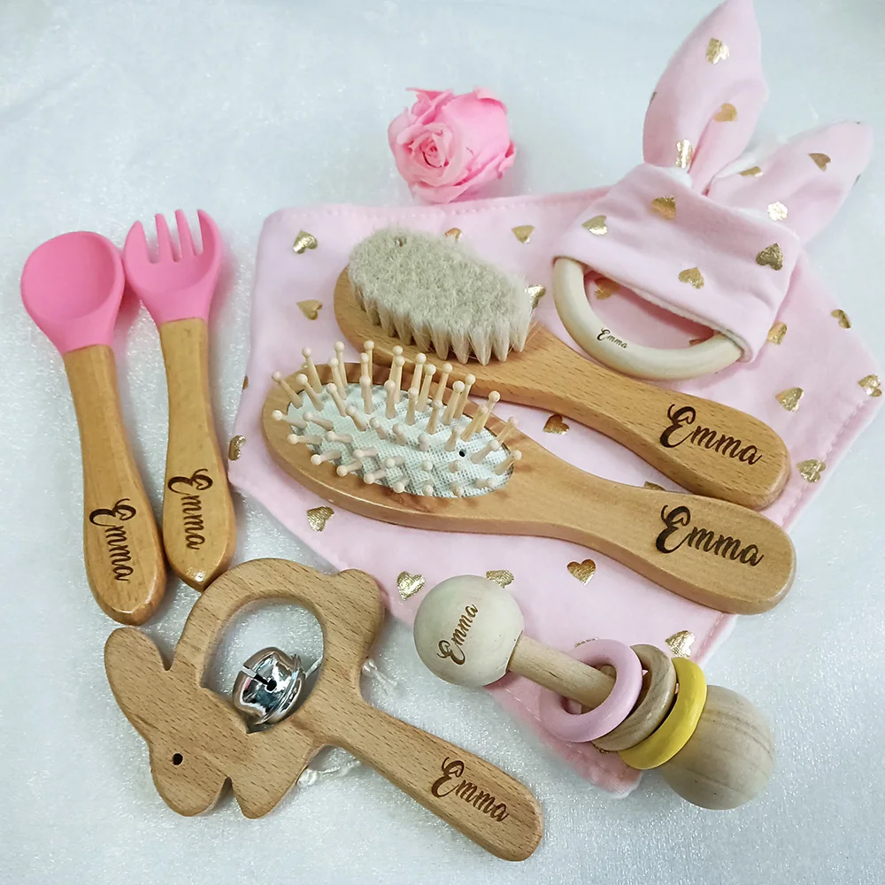 

Personalized Name Bath Toy Set, Baby Rattle Toy, Towel Gift Set, Fork, Spoon, 0-12 Months Old, Boy, Girl, Food, Saliva, 8 Pcs