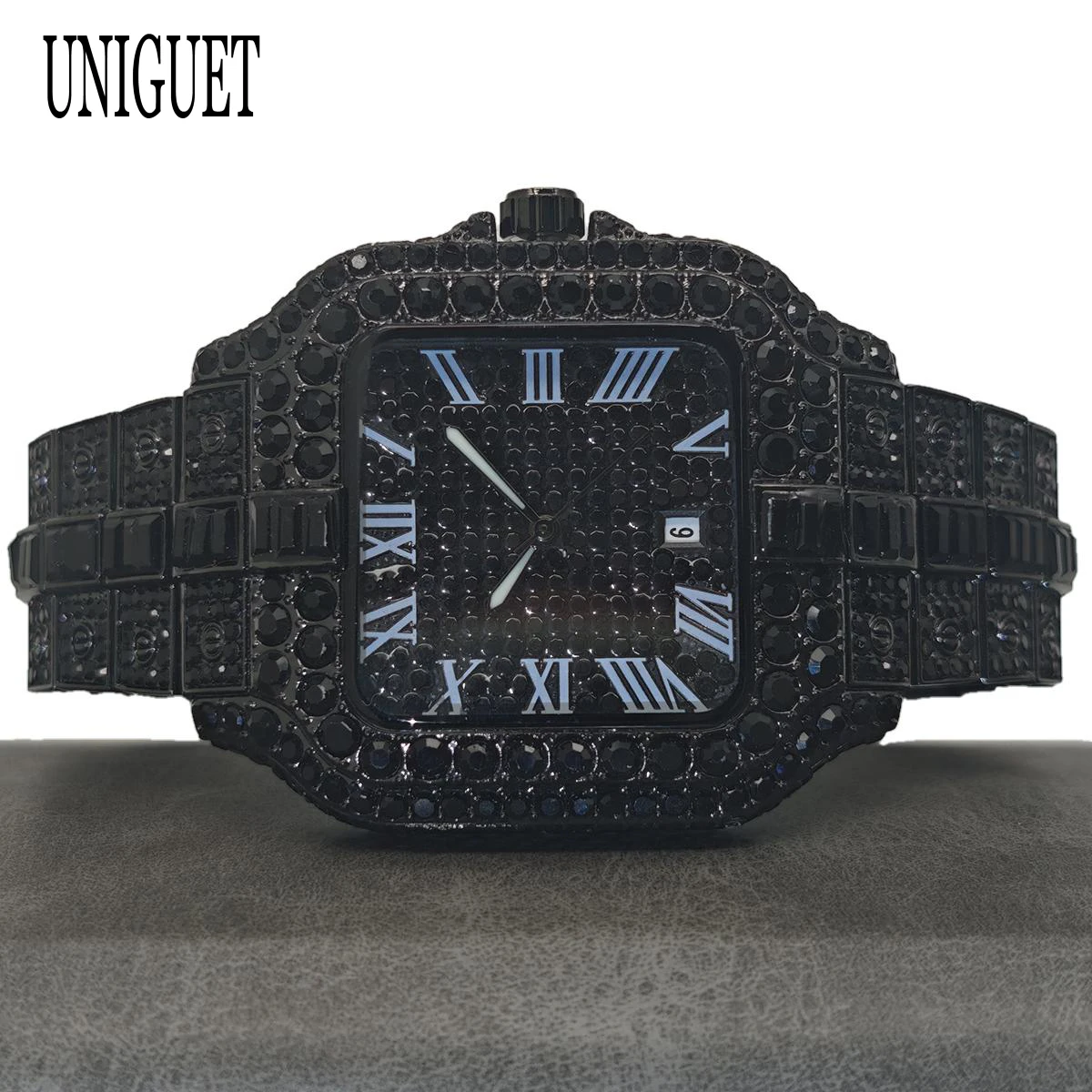 UNIGUET Fashion Iced Watches Men Luxury Steel Square Design Quartz Clock Hip Hop Cool Black Diamond Wristwatch for Men Hot Sale