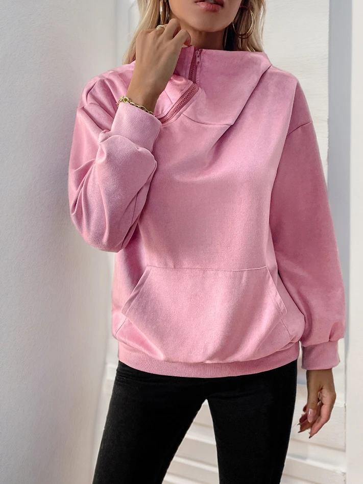 Women's Casual Sportswear Autumn Fashion Loose Zipper Pocket Women's Solid Color Hooded Top Long Sleeved Loose Hooded Pullover