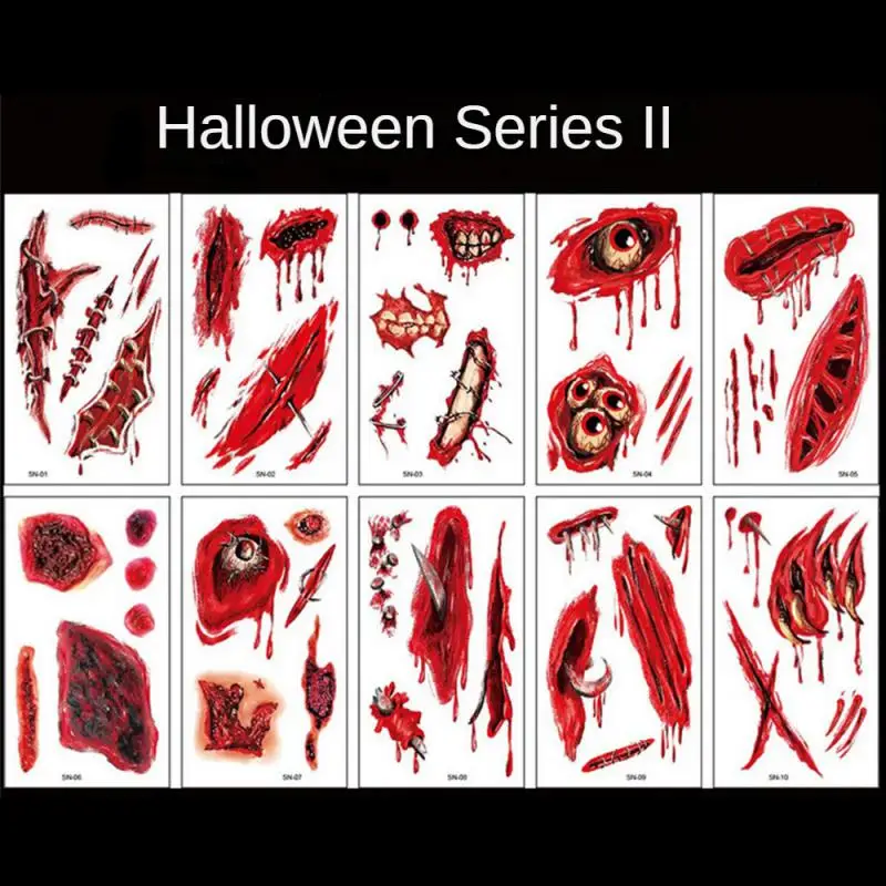 Halloween Tattoo Sticker Horror Bloody Wound Zombie Scar Waterproof Temporary Tattoos Party Body Art Makeup Kids Adult