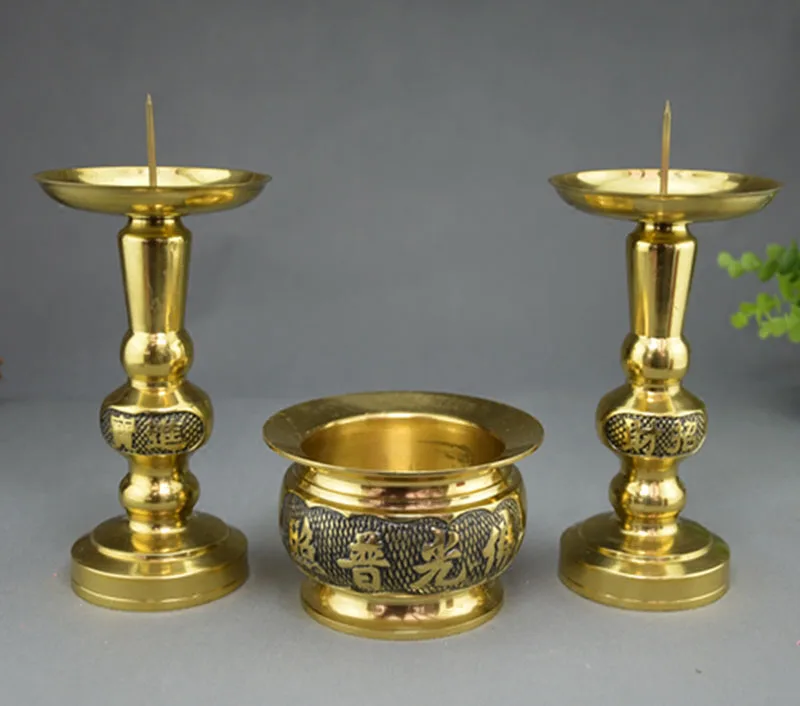 wholesale Buddhist supplies # HOME Lobby Shop Money Drawing Buddhist sacrifice Opening Ceremony temple brass candlesticks Censer