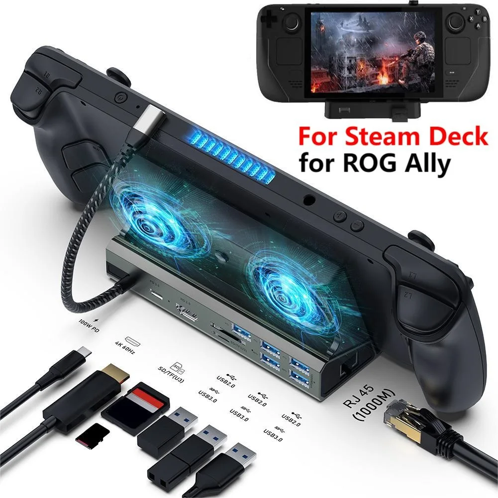 

Steam Deck Dock Docking Station with Fan 11-in-1 HDMI-Compatible 4k@60hz Gigabit Ethernet USB-C PD Charging for ROG Ally Console